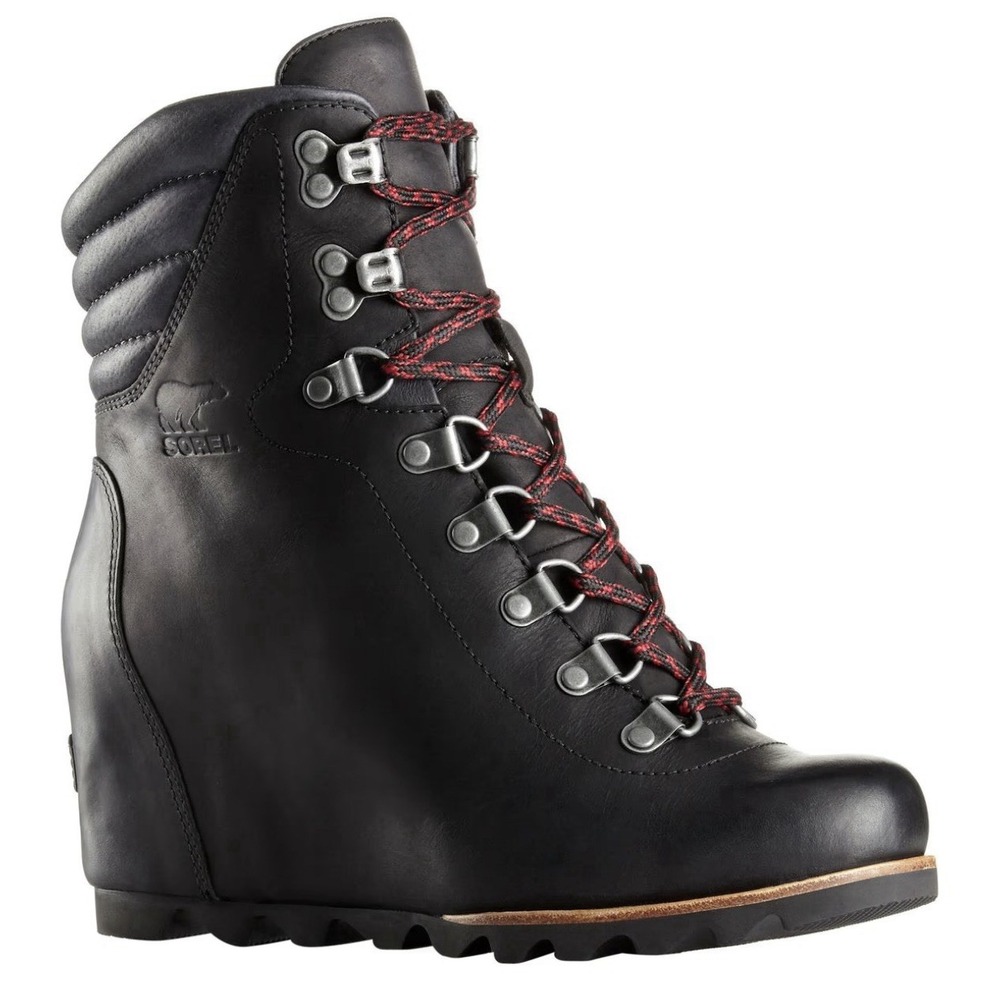 Sorel Conquest Black Leather Hidden Wedge Ankle Boots Winter Women's Sz 7.5